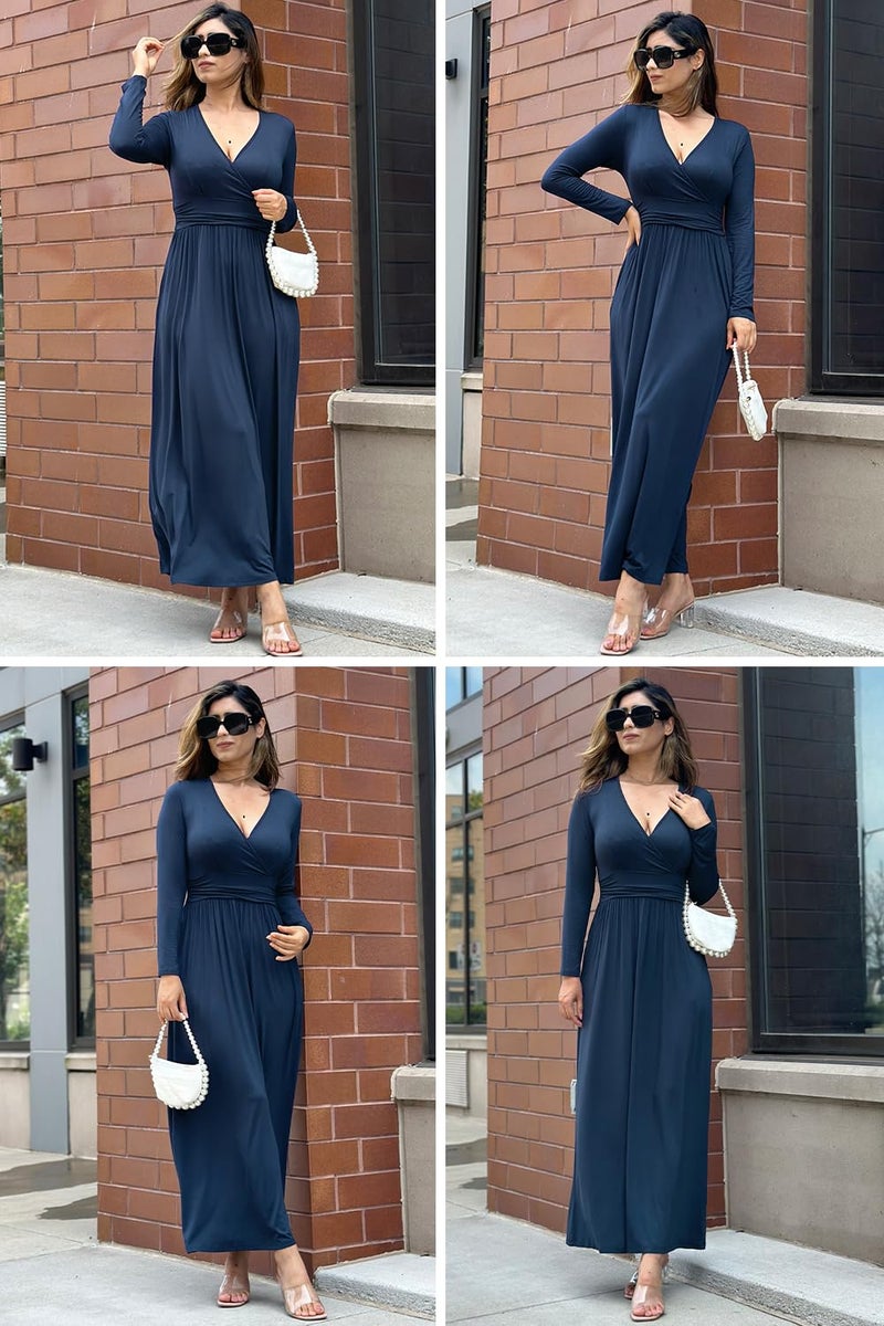 OUGES Womens Long Sleeve V-Neck Wrap Waist Maxi Dress(Navy,XL) - Image 2